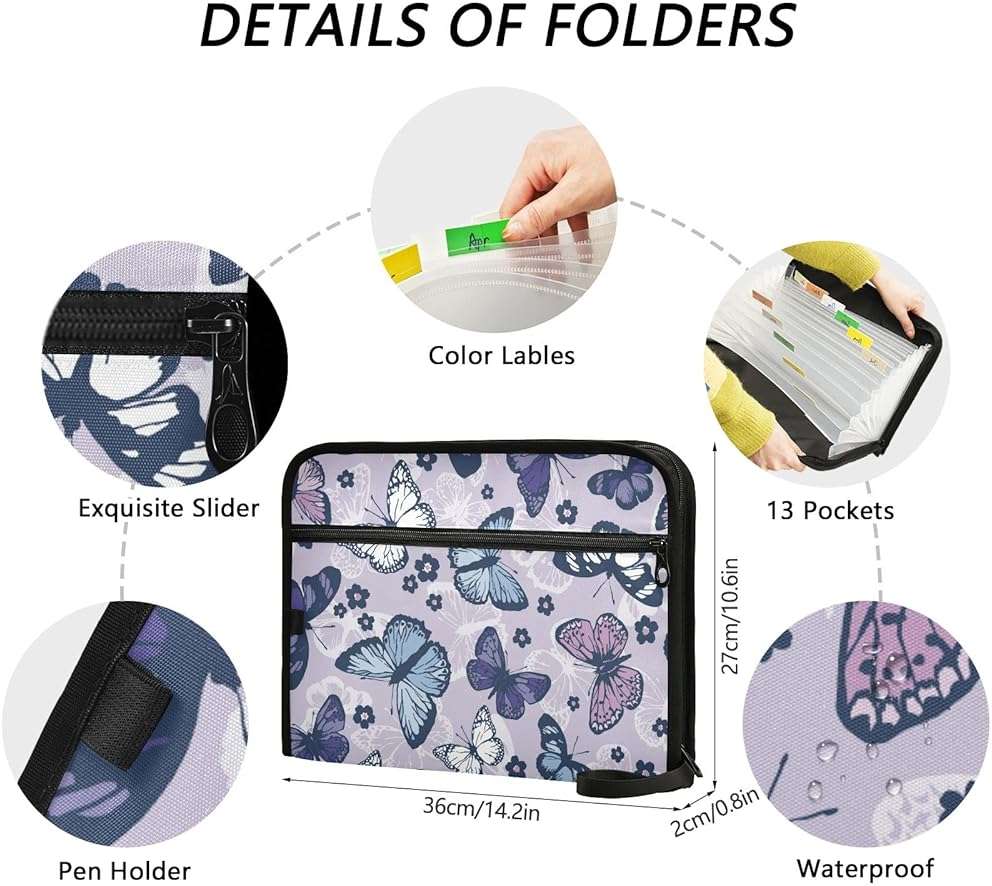 pnyoin Expanding File Folder,13 Pocket Accordion File Folders with Sticky Labels, A4 Letter Size Paper Document Organizer with Zipper Closure for Office School Boys Girls,Butterfly and Flower - Image 5