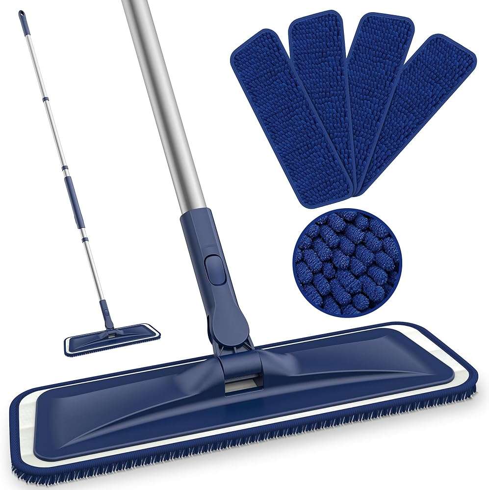 BPAWA Microfiber Mops for Floor Cleaning - Flat Floor Mop with 4 Washable Chenille Pads Dry Dust for Hardwood Laminate Wood Tile Vinyl Wall Hard Surfaces - 150cm Adjustable Long Handle - Image 1