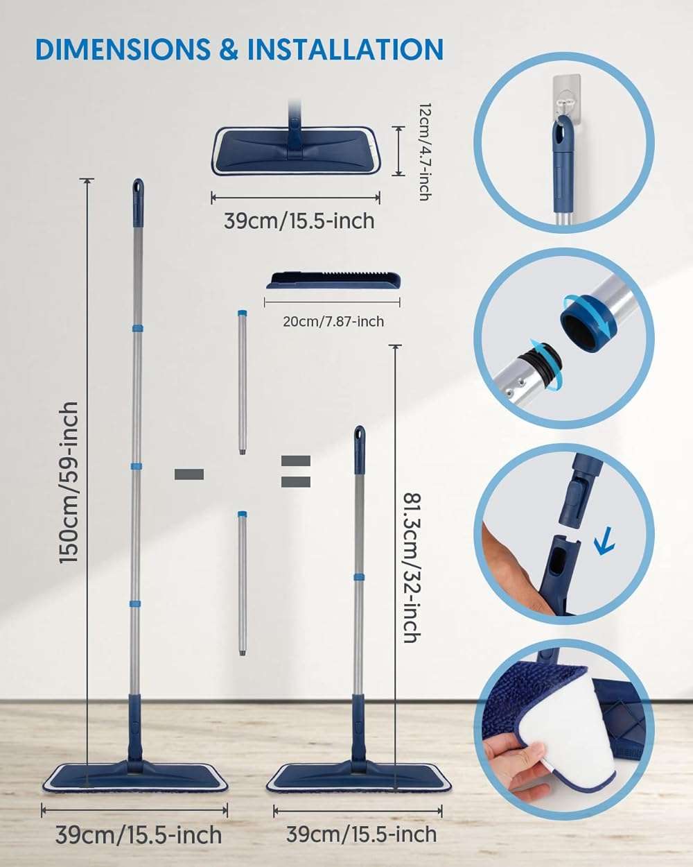 BPAWA Microfiber Mops for Floor Cleaning - Flat Floor Mop with 4 Washable Chenille Pads Dry Dust for Hardwood Laminate Wood Tile Vinyl Wall Hard Surfaces - 150cm Adjustable Long Handle - Image 2