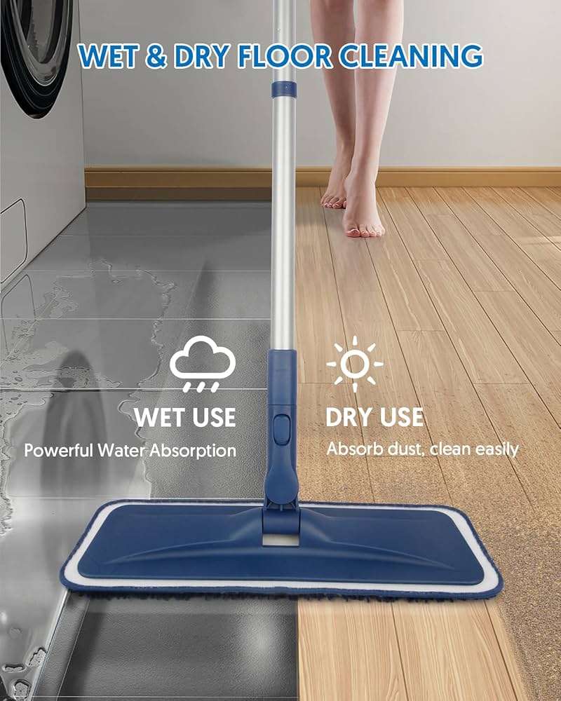 BPAWA Microfiber Mops for Floor Cleaning - Flat Floor Mop with 4 Washable Chenille Pads Dry Dust for Hardwood Laminate Wood Tile Vinyl Wall Hard Surfaces - 150cm Adjustable Long Handle - Image 3