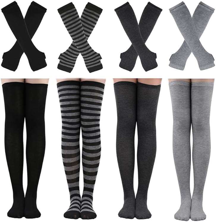 Barrlves 2/4 Sets Womens Striped Knee High Socks Long Knitted Arm Warmers Fingerless Gloves for Halloween Costume - Image 1