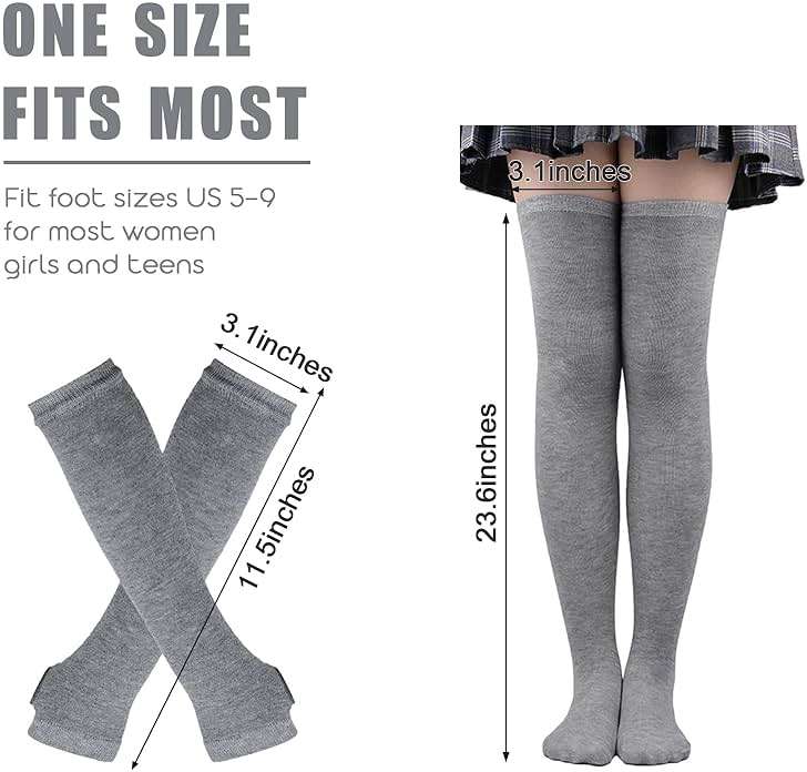 Barrlves 2/4 Sets Womens Striped Knee High Socks Long Knitted Arm Warmers Fingerless Gloves for Halloween Costume - Image 2