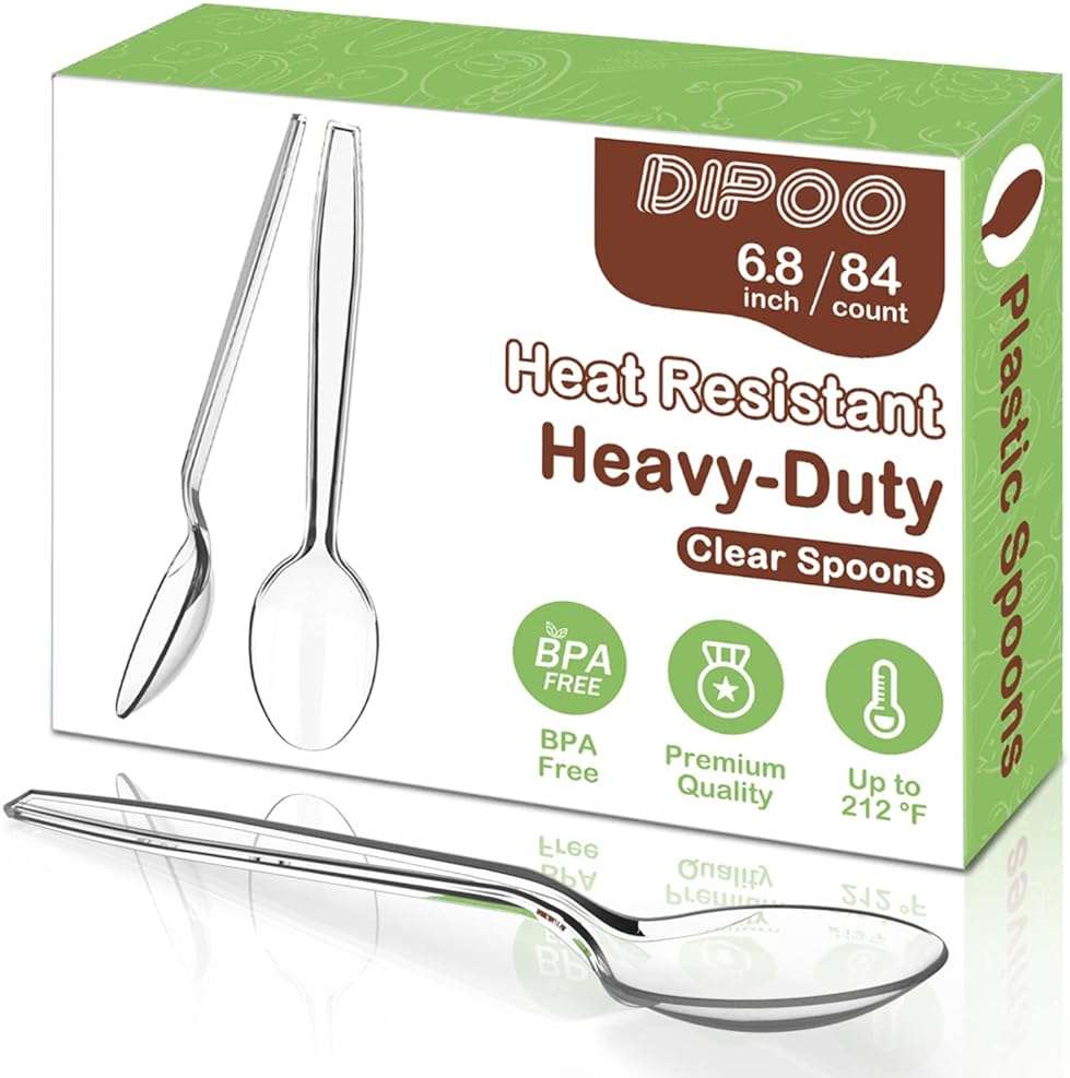 Dipoo 6.8" Clear Plastic Spoons Heavy Duty with Heat Resistant & BPA Free, Solid and Durable Plastic Cutlery, Premium Disposable Spoons for Party Supply(84 Count) - Image 1