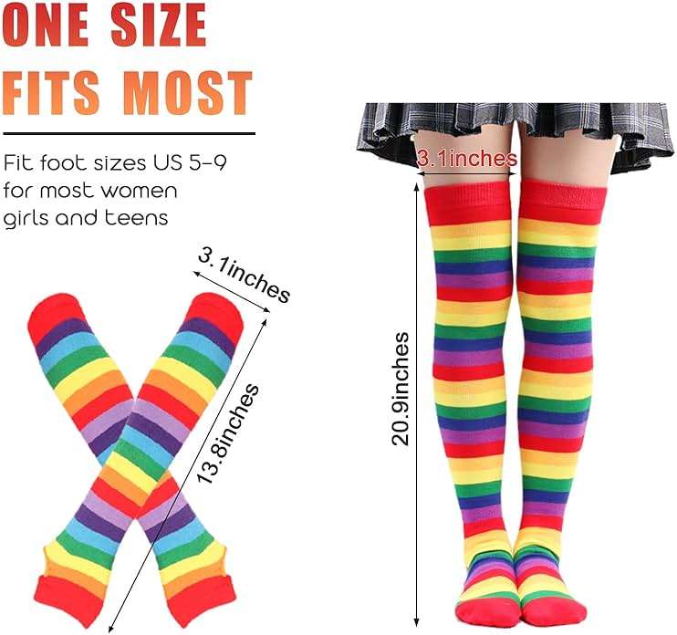 Barrlves 2/4 Sets Womens Striped Knee High Socks Long Knitted Arm Warmers Fingerless Gloves for Halloween Costume - Image 2