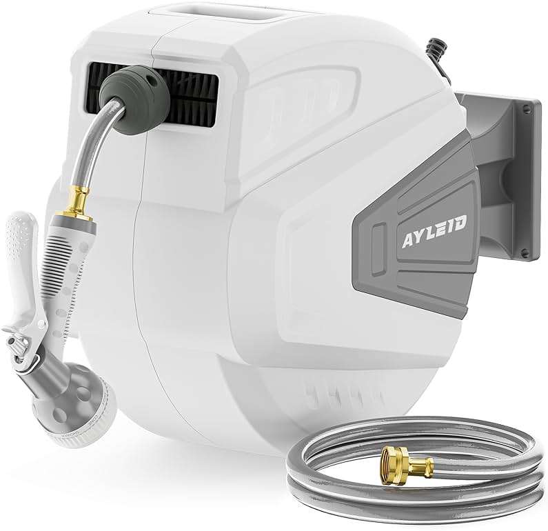 Ayleid Retractable Garden Hose Reel,1/2 in x 100 ft Wall Mounted Hose Reel, with 9- Function Sprayer Nozzle, Any Length Lock/Slow Return System/Wall Mounted/180°Swivel Bracket (Gray) - Image 1
