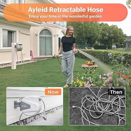 Ayleid Retractable Garden Hose Reel,1/2 in x 100 ft Wall Mounted Hose Reel, with 9- Function Sprayer Nozzle, Any Length Lock/Slow Return System/Wall Mounted/180°Swivel Bracket (Gray) - Image 2