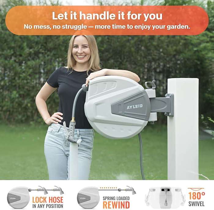 Ayleid Retractable Garden Hose Reel,1/2 in x 100 ft Wall Mounted Hose Reel, with 9- Function Sprayer Nozzle, Any Length Lock/Slow Return System/Wall Mounted/180°Swivel Bracket (Gray) - Image 5