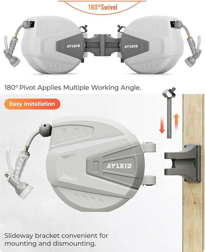Ayleid Retractable Garden Hose Reel,1/2 in x 100 ft Wall Mounted Hose Reel, with 9- Function Sprayer Nozzle, Any Length Lock/Slow Return System/Wall Mounted/180°Swivel Bracket (Gray) - Image 9