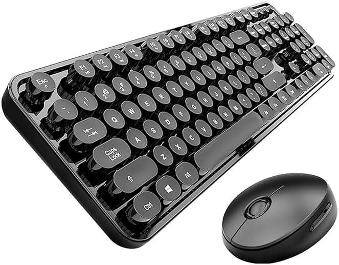 Wireless Keyboard and Mouse Combo, Retro Typewriter Style Keyboard with Round Keycaps, 2.4GHz Dropout-Free Connection Mouse with,Computer PC Desktops Laptop WindowsxP/7/8/10 (Black) - Image 1