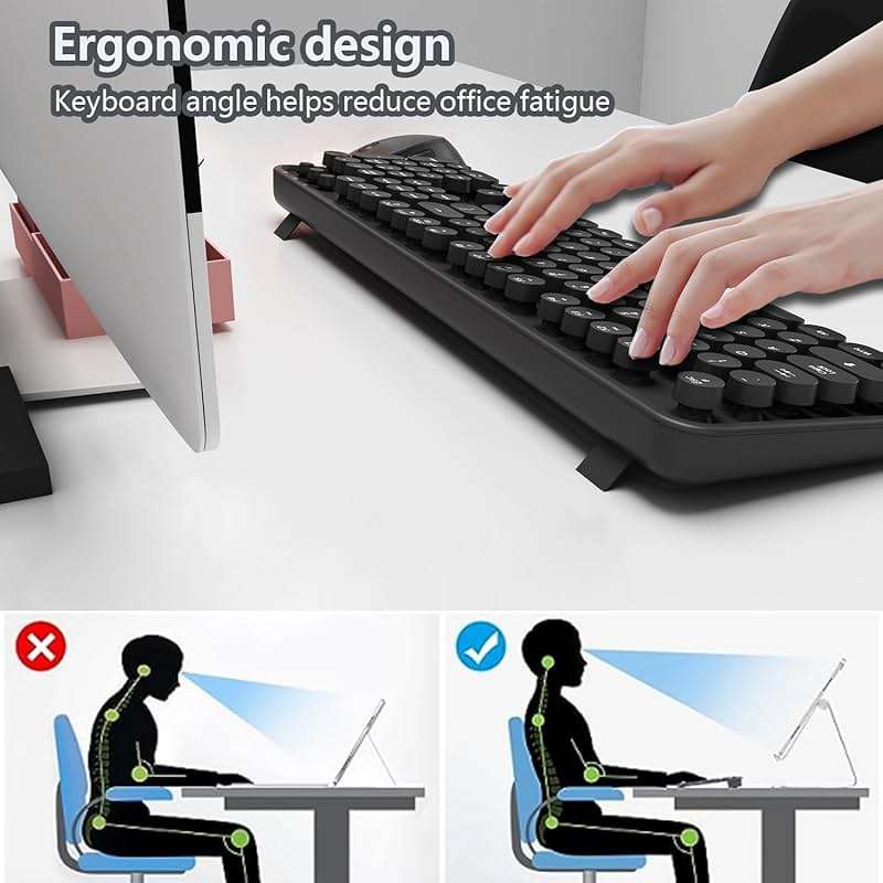 Wireless Keyboard and Mouse Combo, Retro Typewriter Style Keyboard with Round Keycaps, 2.4GHz Dropout-Free Connection Mouse with,Computer PC Desktops Laptop WindowsxP/7/8/10 (Black) - Image 2