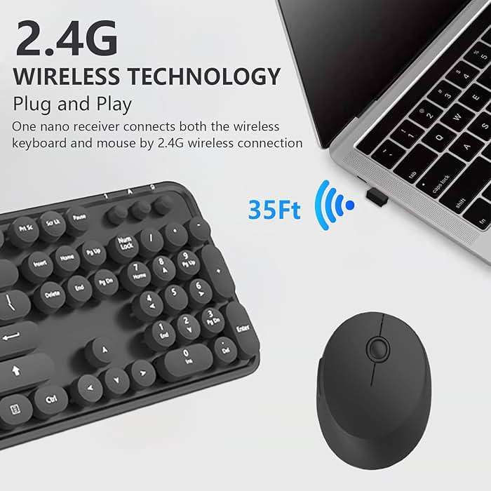 Wireless Keyboard and Mouse Combo, Retro Typewriter Style Keyboard with Round Keycaps, 2.4GHz Dropout-Free Connection Mouse with,Computer PC Desktops Laptop WindowsxP/7/8/10 (Black) - Image 3