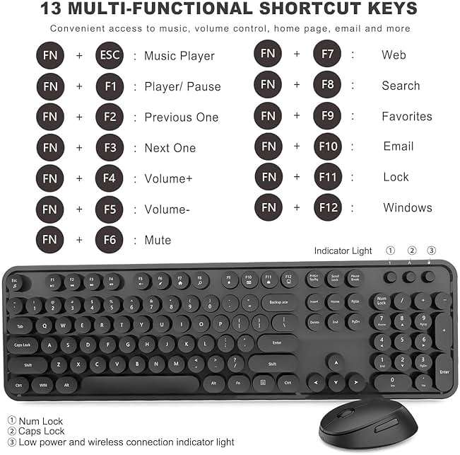 Wireless Keyboard and Mouse Combo, Retro Typewriter Style Keyboard with Round Keycaps, 2.4GHz Dropout-Free Connection Mouse with,Computer PC Desktops Laptop WindowsxP/7/8/10 (Black) - Image 7