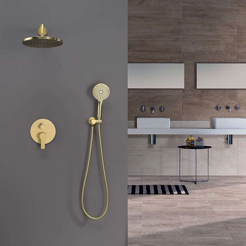 Iriber Shower System Wall Mounted Shower Faucet Mixer Set with Luxury High Pressure Shower head and 3-Setting Handheld, Bathroom Shower Trim Kit Contain Pressure Balance Valve,Brushed Gold - Image 2
