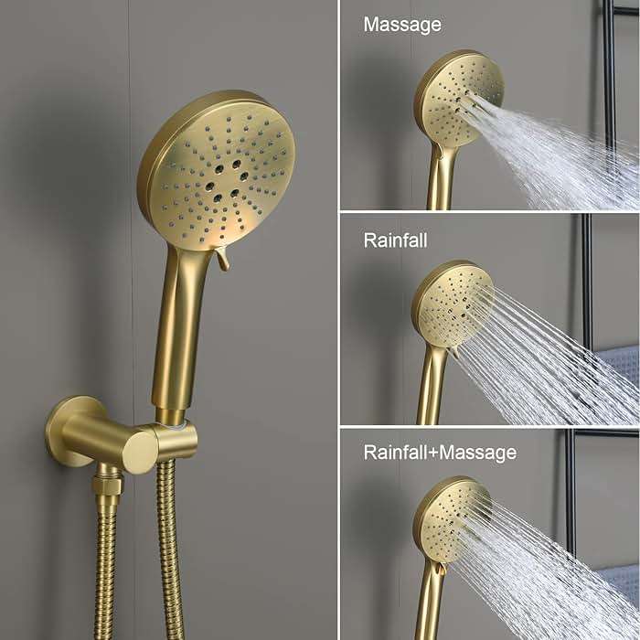 Iriber Shower System Wall Mounted Shower Faucet Mixer Set with Luxury High Pressure Shower head and 3-Setting Handheld, Bathroom Shower Trim Kit Contain Pressure Balance Valve,Brushed Gold - Image 5