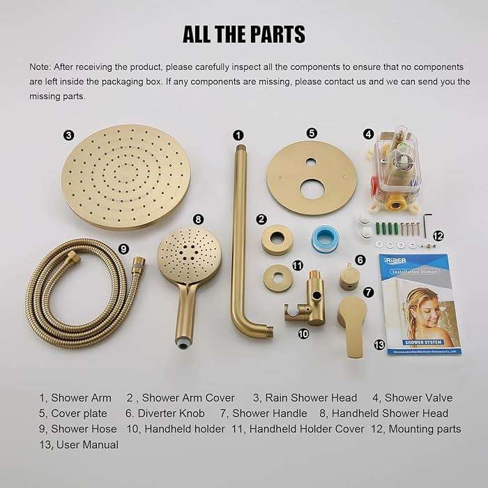 Iriber Shower System Wall Mounted Shower Faucet Mixer Set with Luxury High Pressure Shower head and 3-Setting Handheld, Bathroom Shower Trim Kit Contain Pressure Balance Valve,Brushed Gold - Image 7