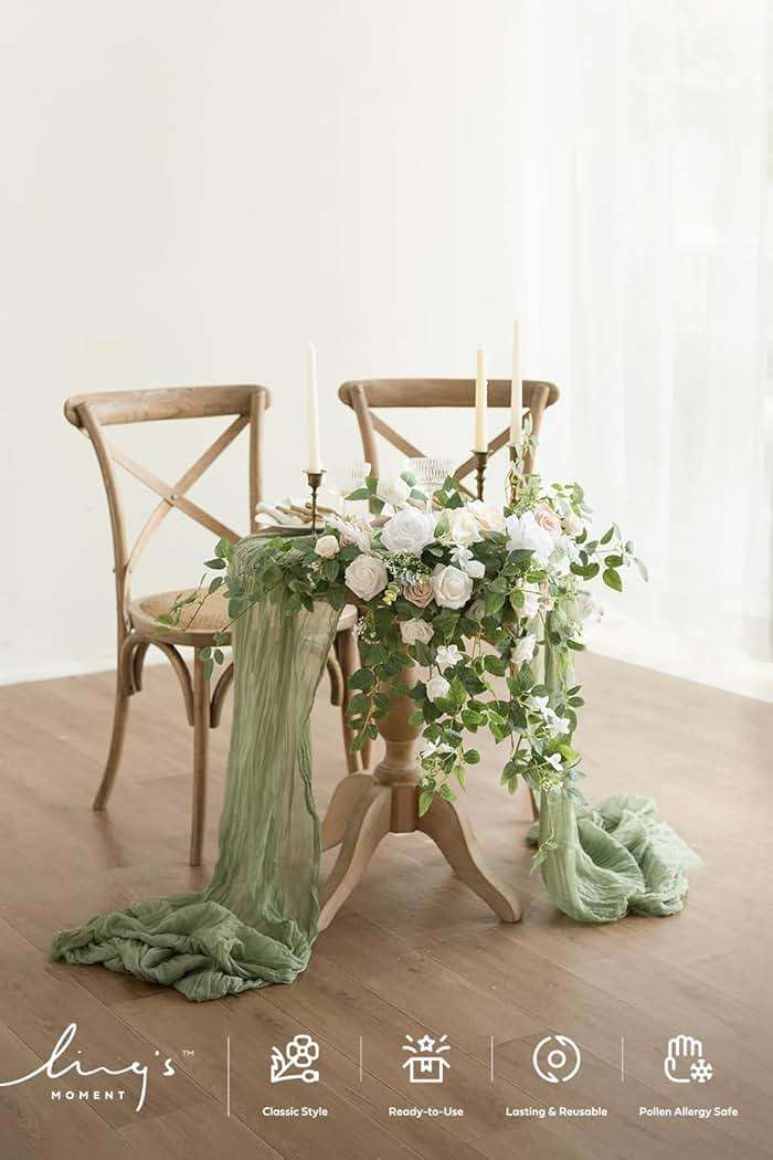 Ling's moment 2PCS Artificial Floral Swags Arch Flowers Wedding Centerpieces Flower Rose Garland Mantel Greenery Arrangements for Sweetheart Welcome Signs Decor Wall Window Home Decor White & Sage - Image 3