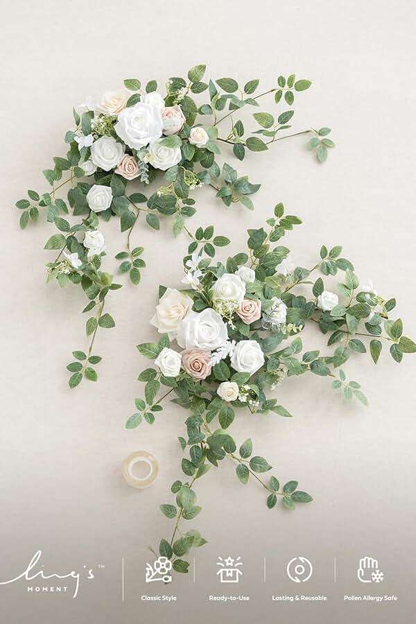 Ling's moment 2PCS Artificial Floral Swags Arch Flowers Wedding Centerpieces Flower Rose Garland Mantel Greenery Arrangements for Sweetheart Welcome Signs Decor Wall Window Home Decor White & Sage - Image 6