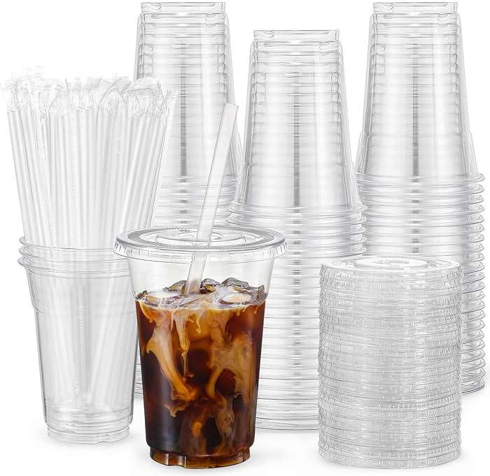 VITEVER [100 Sets - 16oz] Clear Plastic Cups with Lids and Straws, Disposable Iced Coffee Cups for Smoothie, Milkshake, Cold Drinks - BPA free - Image 1