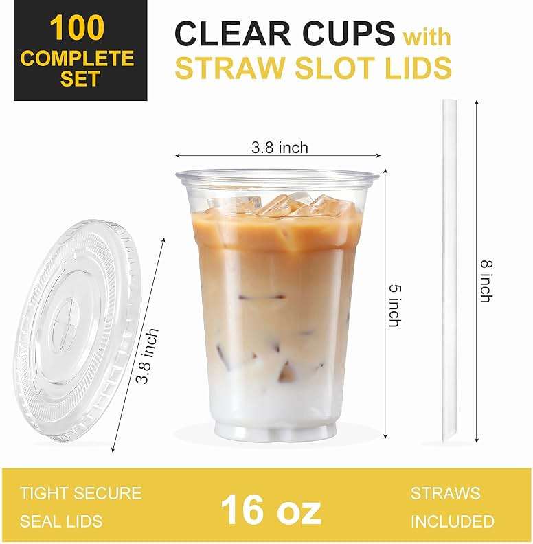 VITEVER [100 Sets - 16oz] Clear Plastic Cups with Lids and Straws, Disposable Iced Coffee Cups for Smoothie, Milkshake, Cold Drinks - BPA free - Image 3