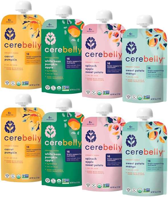 Cerebelly Organic Baby Food Pouches Variety Pack, Veggie & Fruit Purees, 16 Nutrients, No Added Sugar, Fiber & Non-GMO, 4oz, 8 Pack - Image 1