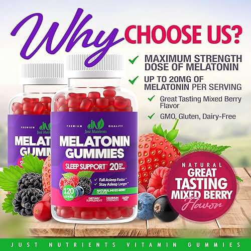 Melatonin 20mg Gummies (120 Count) - Maximum Strength Sleep Support for Adults with 10mg of Melatonin Per Gummy - Gluten-Free, Vegetarian, Great Tasting Mixed Berry Flavor - 60 Servings - Image 2