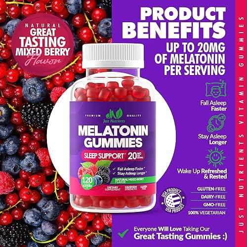 Melatonin 20mg Gummies (120 Count) - Maximum Strength Sleep Support for Adults with 10mg of Melatonin Per Gummy - Gluten-Free, Vegetarian, Great Tasting Mixed Berry Flavor - 60 Servings - Image 3