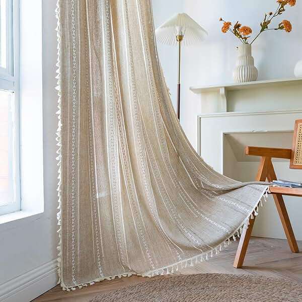 Sutuo Home Boho Curtain for Bedroom Living Room 84 Inches Length, Light Filtering French Country Farmhouse Vintage Chic Tassels Hollow Window Treatment Bohemian Drape, 1 Panel 52" W x 84" L Natural - Image 1