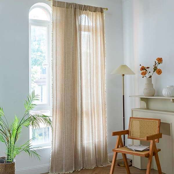 Sutuo Home Boho Curtain for Bedroom Living Room 84 Inches Length, Light Filtering French Country Farmhouse Vintage Chic Tassels Hollow Window Treatment Bohemian Drape, 1 Panel 52" W x 84" L Natural - Image 2