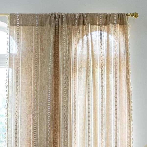 Sutuo Home Boho Curtain for Bedroom Living Room 84 Inches Length, Light Filtering French Country Farmhouse Vintage Chic Tassels Hollow Window Treatment Bohemian Drape, 1 Panel 52" W x 84" L Natural - Image 3