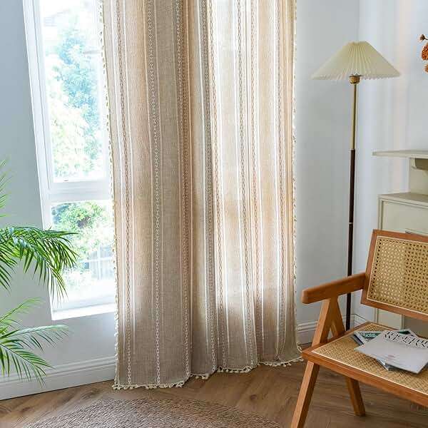 Sutuo Home Boho Curtain for Bedroom Living Room 84 Inches Length, Light Filtering French Country Farmhouse Vintage Chic Tassels Hollow Window Treatment Bohemian Drape, 1 Panel 52" W x 84" L Natural - Image 5