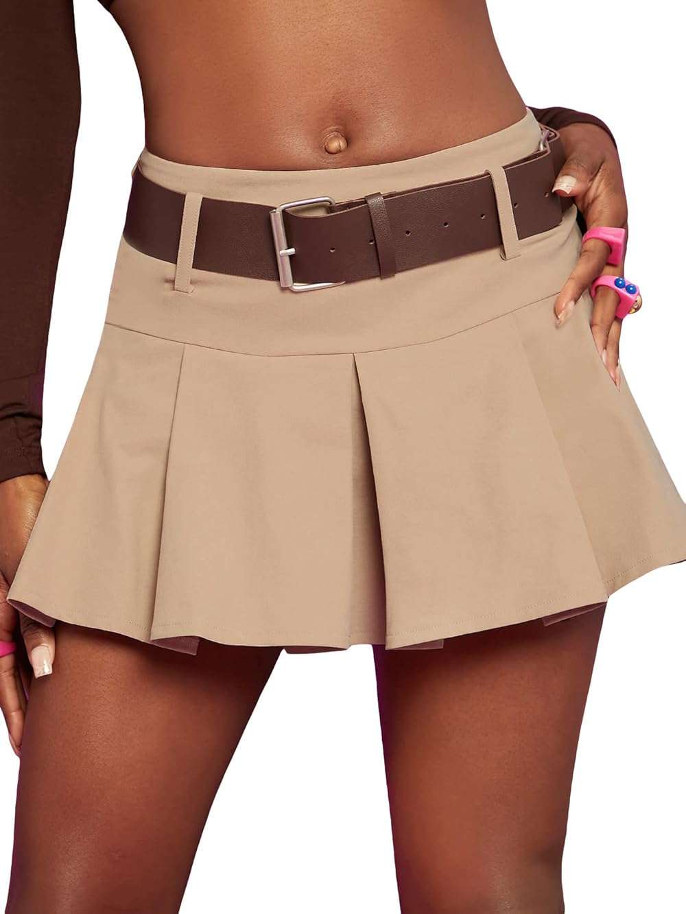 WDIRARA Women's Low Waist Pleated Stretch Tennis Skater Mini Skirt with Belt - Image 1