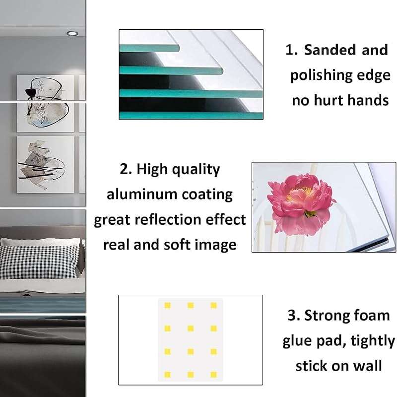 QEEYON 16 x 12'' Glass Wall Mirror Tile Self Adhesive Frameless High Clear Mirror Sheet Wall Decor for Bedroom, Living Room, Bathroom, Home Gym, Hallway, Door etc (1pcs) - Image 4