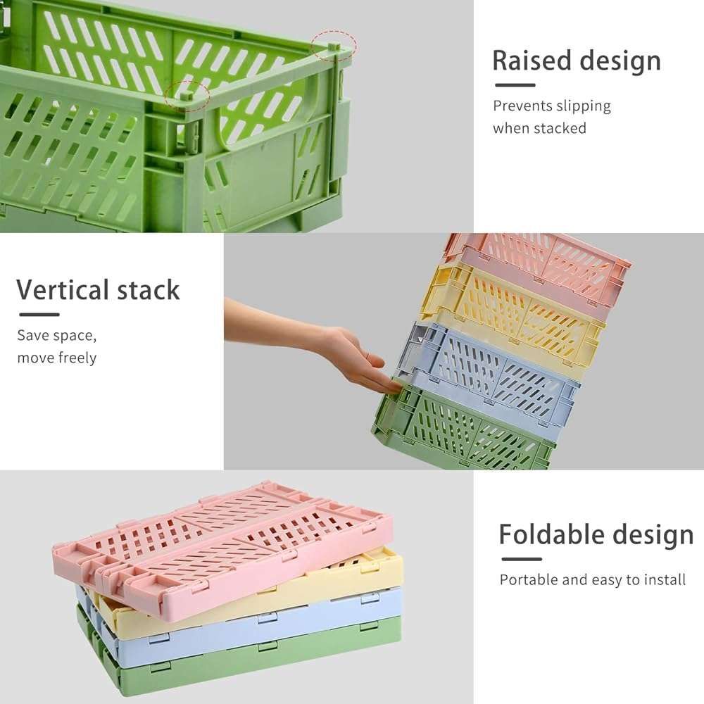 Xhwykzz 4 Pack Pastel Crates for Storage, Plastic Folding Basket, Colorful Small Storage Containers for Bedroom Office Classroom Bathroom Desktop Drawer Organizer Decor (9.8x6.5x3.8inch) - Image 6