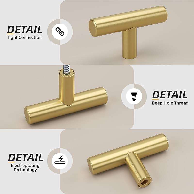 Goldenwarm 40 Pack Gold Knobs for Dresser Kitchen Cabinet Knobs Brushed Brass Drawer Pulls Furniture Door Handles - LS201GD Single Hole Cabinet Handles Brushed Gold T Bar Hardware Stainless Steel - Image 4