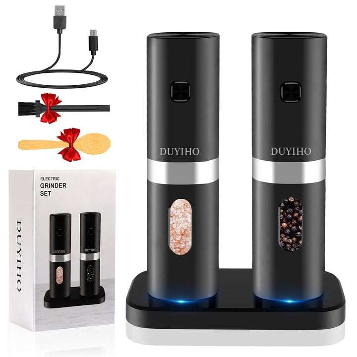 Rechargeable Electric Salt and Pepper Grinder Set with Double Charging Base, Support Battery Operated, Refillable Spice Automatic Mill Shakers Set with Adjustable Coarseness and LED Light - Image 1