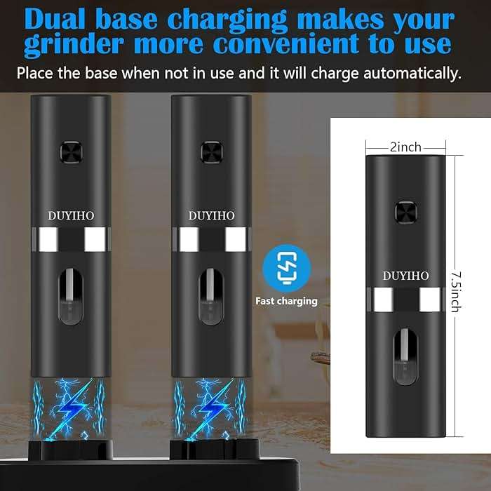 Rechargeable Electric Salt and Pepper Grinder Set with Double Charging Base, Support Battery Operated, Refillable Spice Automatic Mill Shakers Set with Adjustable Coarseness and LED Light - Image 5