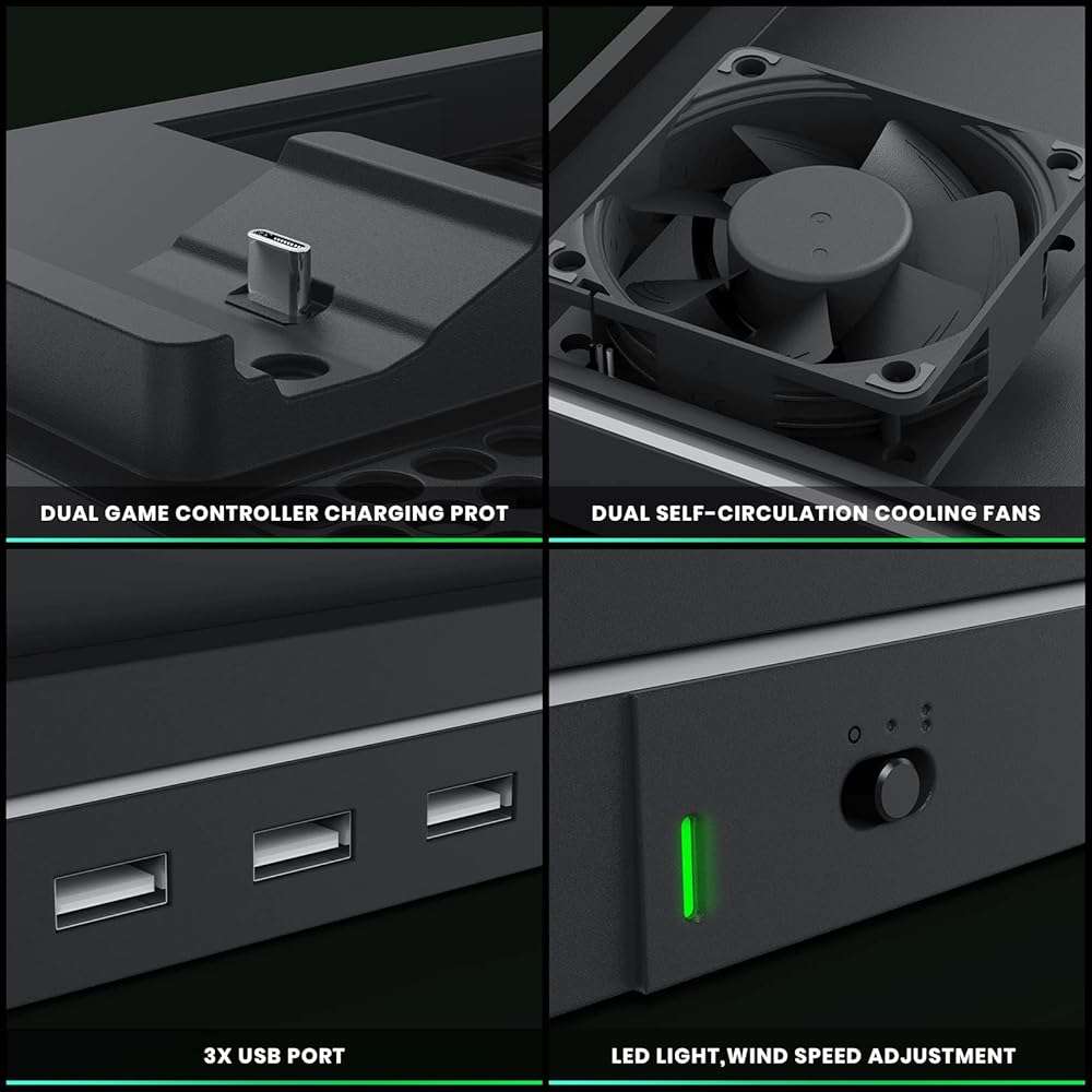 Charging Stand with Cooling Fan, CODOGOY Vertical Stand Compatible with Xbox Series X/S Console and Controller, Vertical Dual Controller Charger Station Dock Accessories with 3 USB Ports,Black - Image 4