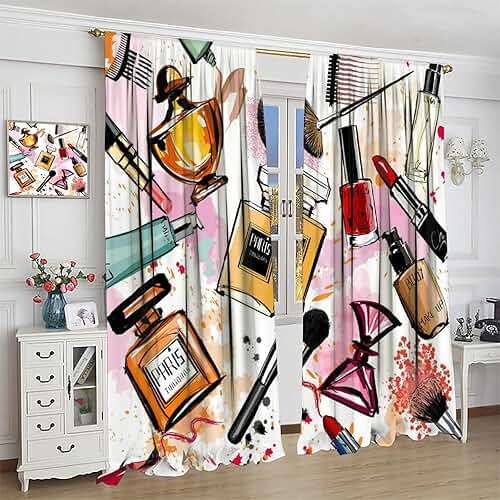 Fashion Blackout Curtains, Cosmetic and Makeup Theme Pattern Perfume Lipstick Nail Polish Brush Room Darkening Rod Pocket Windows Door Curtain for Bedroom Living Room Home Decor 42x45in - Image 4