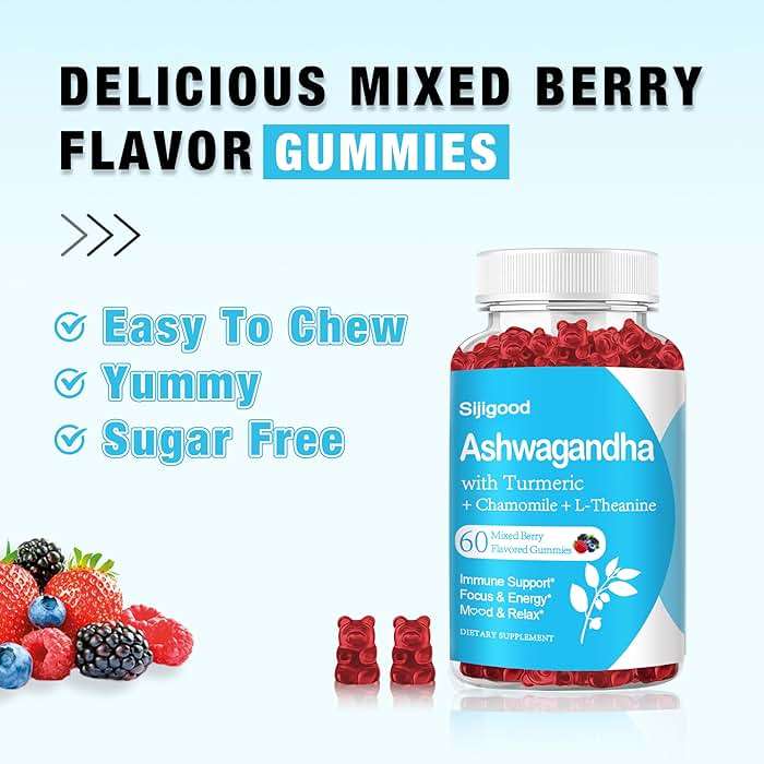 Sijigood Ashwagandha Gummies with L-theanine, Ashwa Root Supplement Gummy for Women Men, 60 Mixed Berry Flavored Gummies - Image 7