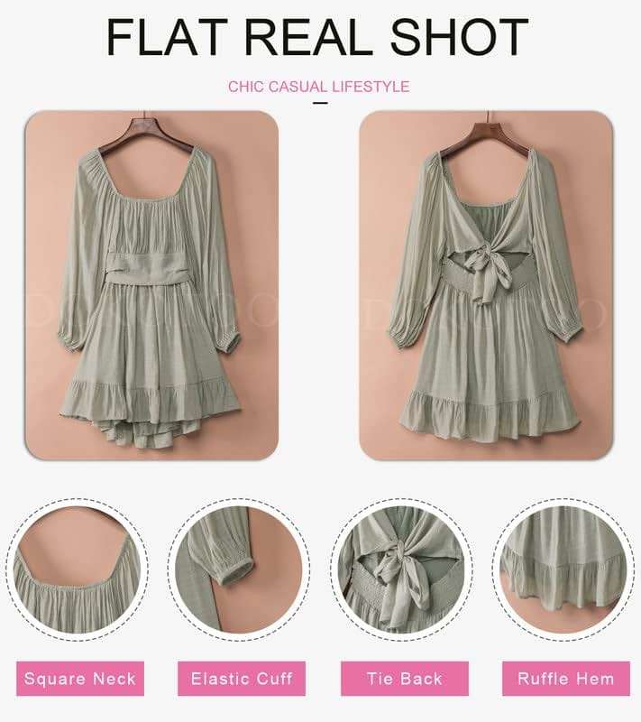 Dokotoo Womens Dress Long Lantern Sleeve Square Neck Tie Backless Sexy Dress Ruffle Elastic Waist A-Line Mini Dress - Image 3