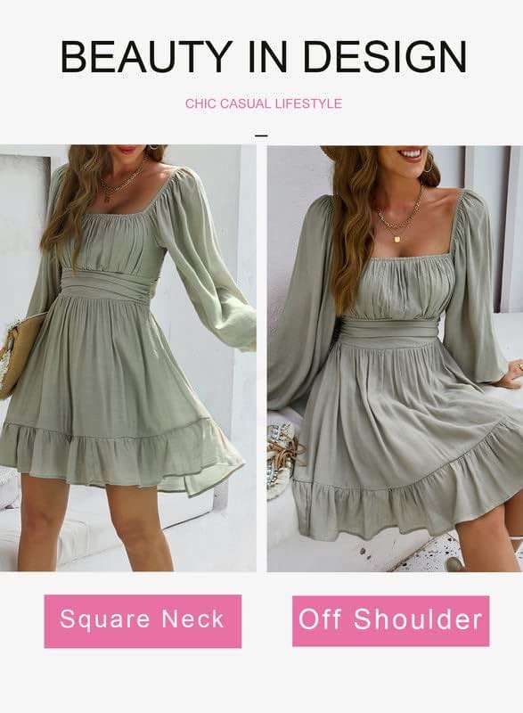 Dokotoo Womens Dress Long Lantern Sleeve Square Neck Tie Backless Sexy Dress Ruffle Elastic Waist A-Line Mini Dress - Image 4