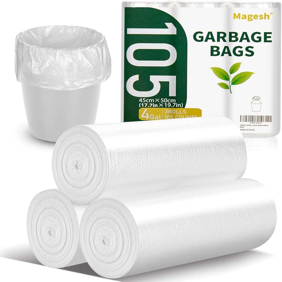 Magesh 4 Gallon Trash Bag Strong, Leakage-Free, Small Garbage Bags Unscented Thick for Bathroom, Office, Kitchen Small Trash Can, 15L, 105 Bags, Clear - Image 1