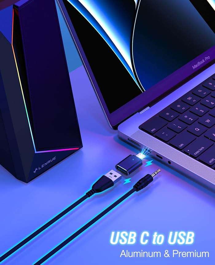 LENRUE Computer Speakers, USB/USB-C Powered PC Speakers with Loud Stereo Sound, Headphone-in for Desktop, iMac, MacBook, Laptop, Monitor (USB-C to USB Adapter Included) - Image 6