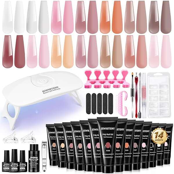 JEWHITENY Poly Extension Gel Nail Kit 14 PCS Poly Gel Kit with Slip Solution and Mini Lamp Nail Art Design Beginner - Image 1