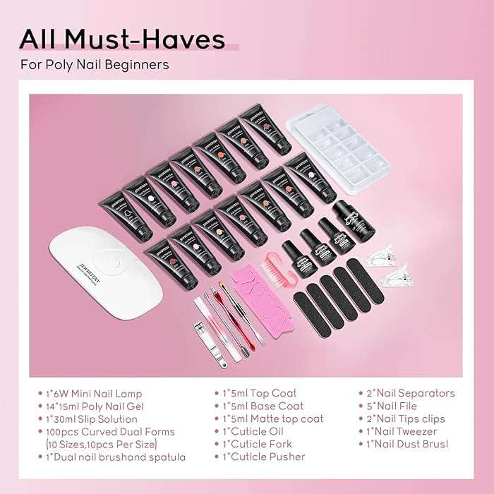 JEWHITENY Poly Extension Gel Nail Kit 14 PCS Poly Gel Kit with Slip Solution and Mini Lamp Nail Art Design Beginner - Image 2