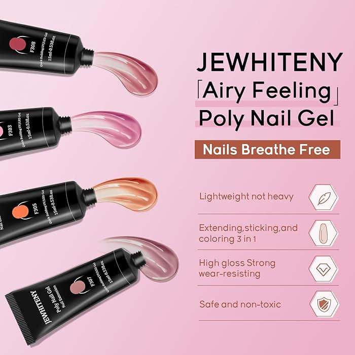 JEWHITENY Poly Extension Gel Nail Kit 14 PCS Poly Gel Kit with Slip Solution and Mini Lamp Nail Art Design Beginner - Image 4