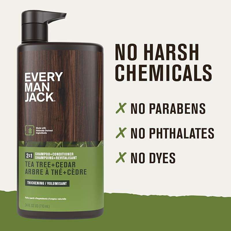 Every Man Jack Mens Shampoo and Conditioner 2 in 1 - Thickening Tea Tree - Moisturizing, Volumizing - Free of Parabens, Phthalates & Dyes - 24oz - 1 Bottle - Image 6