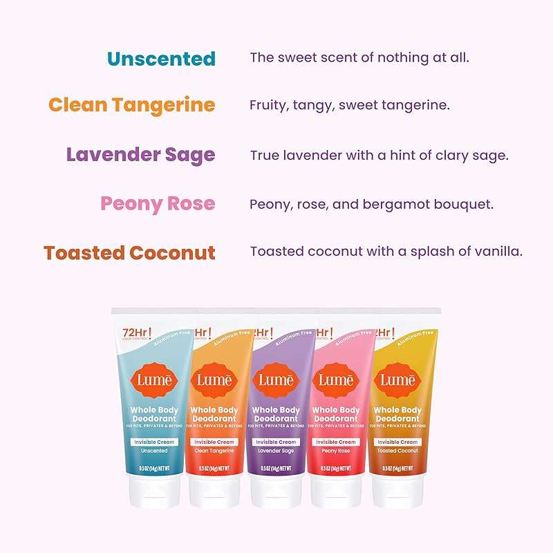 Lume Whole Body Deodorant 5 Pack Sampler - Invisible Cream Minis - 72 Hour Odor Control - Aluminum & Baking Soda Free (Clean Tangerine, Lavender Sage, Peony Rose, Toasted Coconut, Unscented) - Image 3