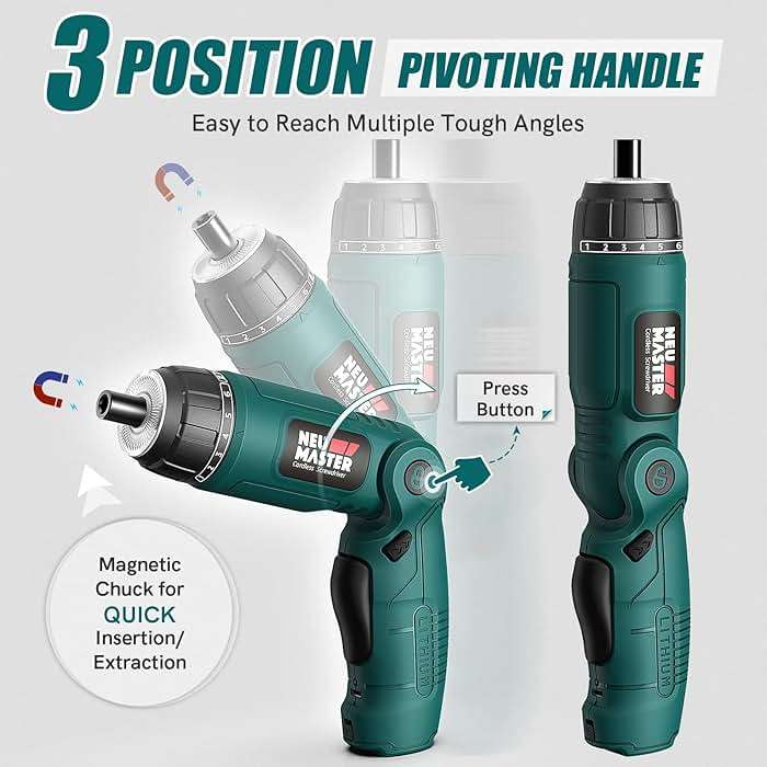 NEU MASTER Cordless Screwdriver, 4V Electric Screwdriver Rechargeable Power Screwdriver With Pivoting Handle, Front And Rear LED light, 32pcs Bits, 6+1 Torque Setting, 2000 mAh Battery Screwdriver - Image 2