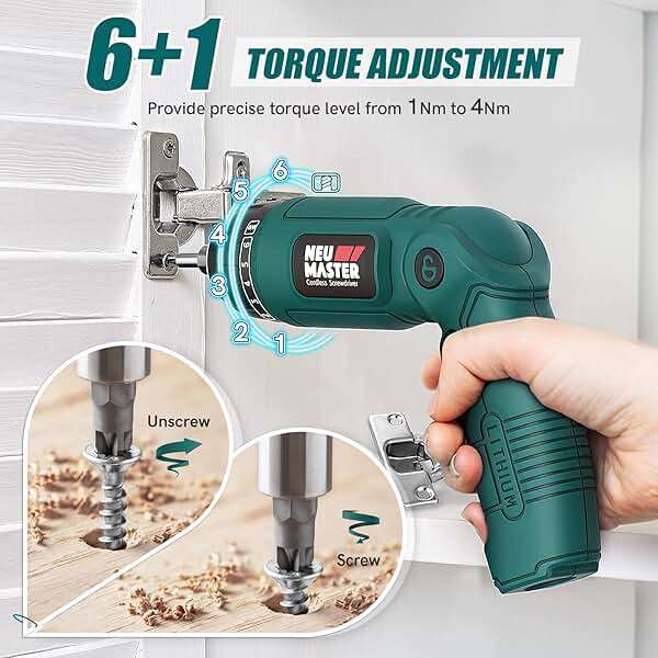 NEU MASTER Cordless Screwdriver, 4V Electric Screwdriver Rechargeable Power Screwdriver With Pivoting Handle, Front And Rear LED light, 32pcs Bits, 6+1 Torque Setting, 2000 mAh Battery Screwdriver - Image 4
